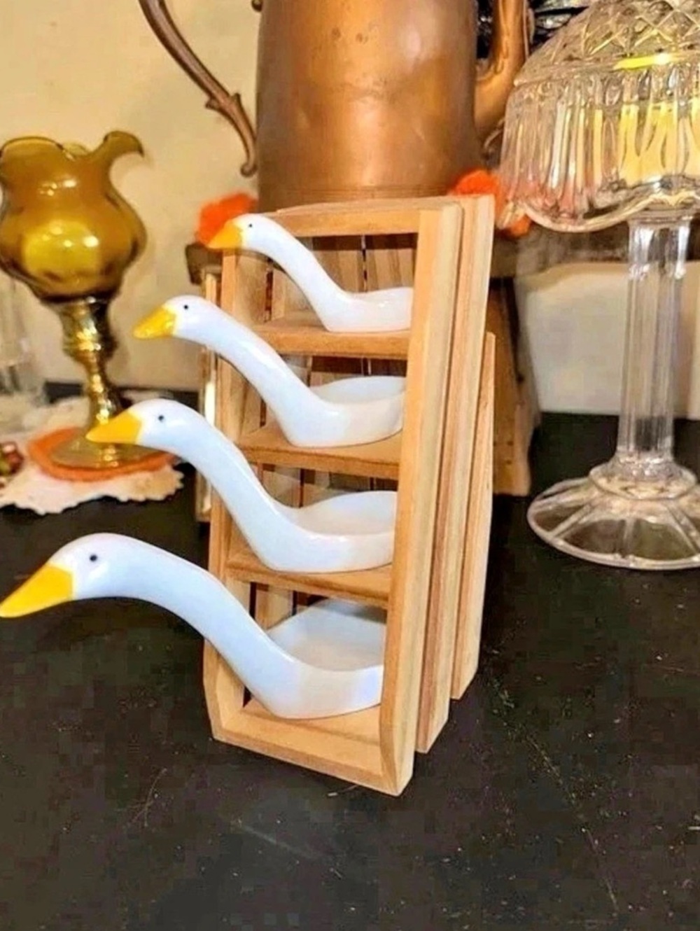 Avon Vintage Goose Measuring Spoons with Wood Stand White & Yellow